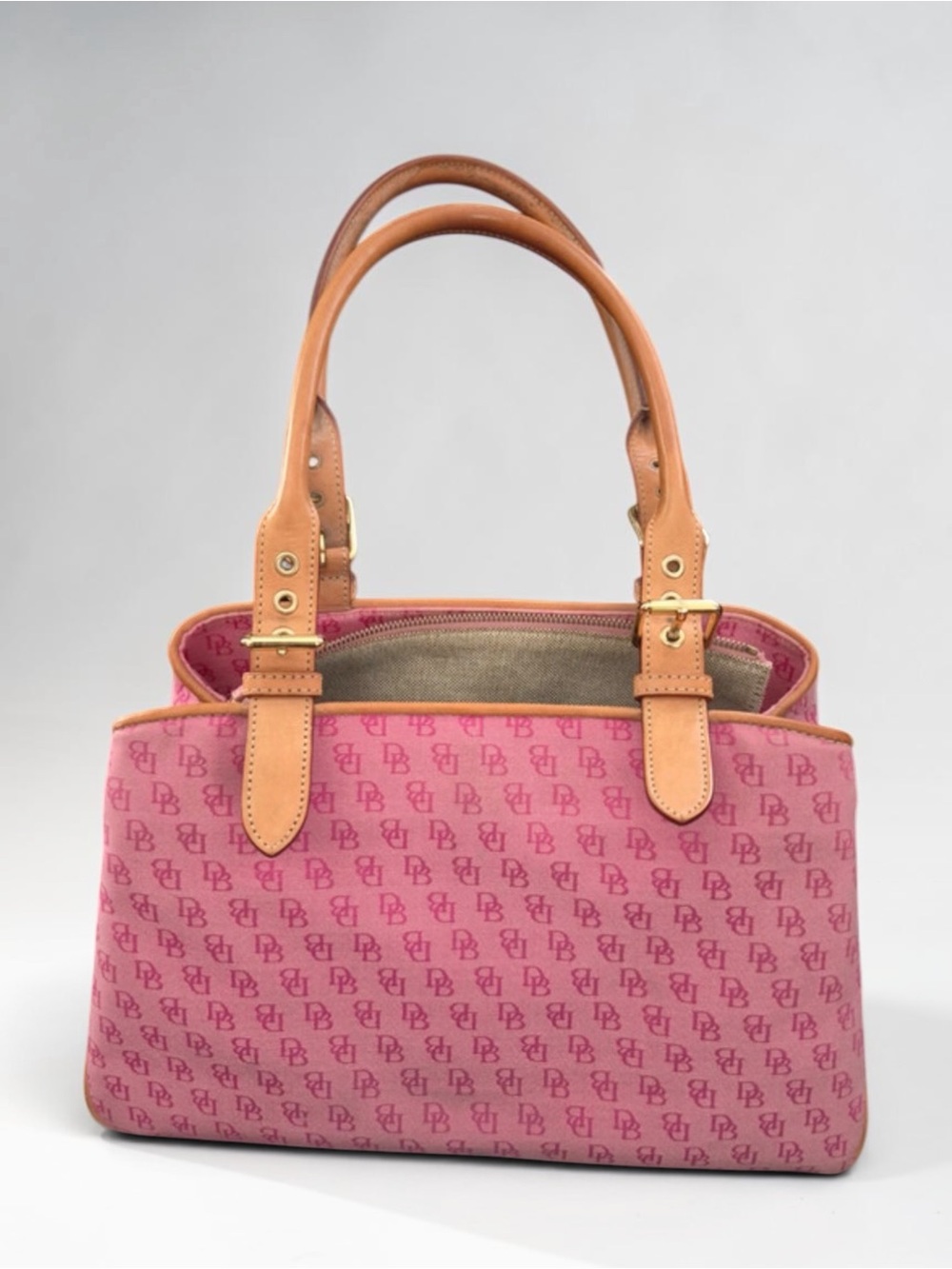 Dooney & Bourke Pink Signature Canvas Tote with Tan Leather Handles